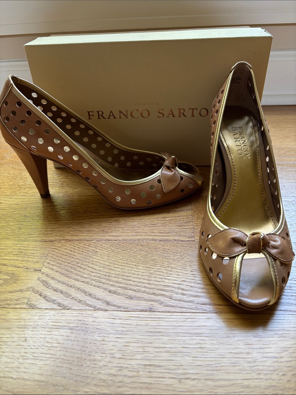 Franco Sarto Brown Leather Peep-Toe Heels with Bow and Cutouts